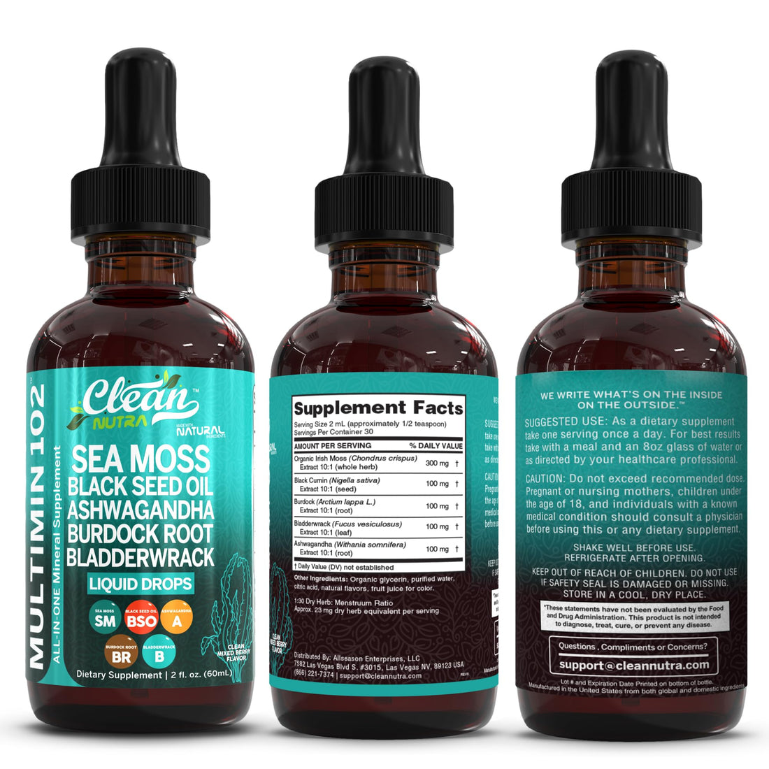 Clean Nutra Organic Sea Moss Drops Supplement | Black Seed Oil Irish Seamoss Ashwagandha Burdock Root & Bladderwrack - Multimineral Liquid Vegan - PrimeBioHealth - canada supplements