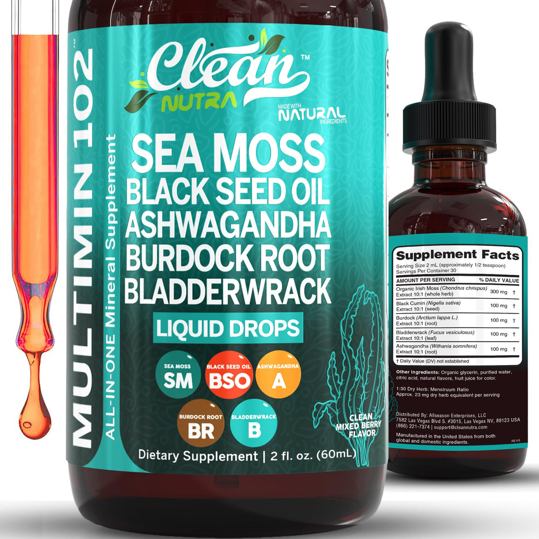 Clean Nutra Organic Sea Moss Drops Supplement | Black Seed Oil Irish Seamoss Ashwagandha Burdock Root & Bladderwrack - Multimineral Liquid Vegan - PrimeBioHealth - canada supplements