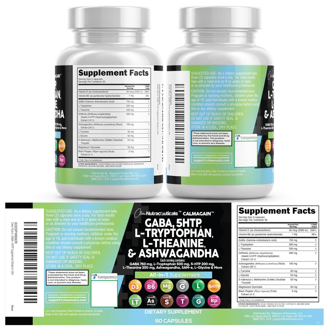 Clean Nutraceuticals GABA 750mg 5 HTP 200mg L Tryptophan 500mg L Theanine 200mg Ashwagandha SAM-e L-Glycine - Mood Support Vitamins for Women and Men with L-Tyrosine 5-HTP - PrimeBioHealth - canada supplements