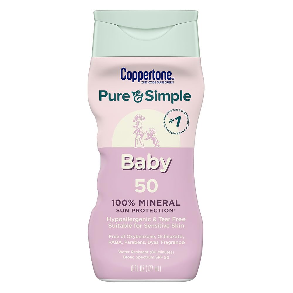 Coppertone Pure and Simple Baby Sunscreen Lotion SPF 50, Zinc Oxide Mineral Sunscreen for Babies, Hypoallergenic and Tear Free, 6 Fl Oz Bottle - PrimeBioHealth - canada supplements
