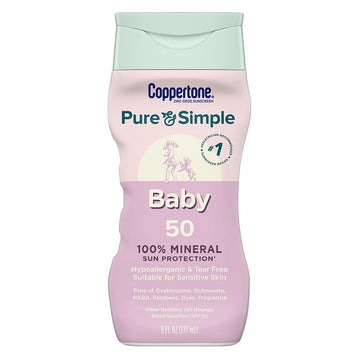 Coppertone Pure and Simple Baby Sunscreen Lotion SPF 50, Zinc Oxide Mineral Sunscreen for Babies, Hypoallergenic and Tear Free, 6 Fl Oz Bottle - PrimeBioHealth - canada supplements