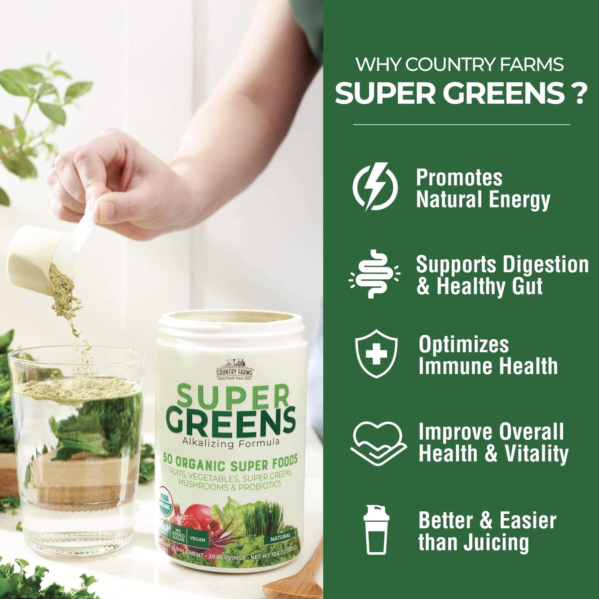 Country Farms Organic Super Greens Natural Flavor, 50 Organic Super Foods, Packed with Fiber, USDA Organic Drink Mix, Fruits, Vegetables, Mushrooms & Probiotics - PrimeBioHealth - canada supplements