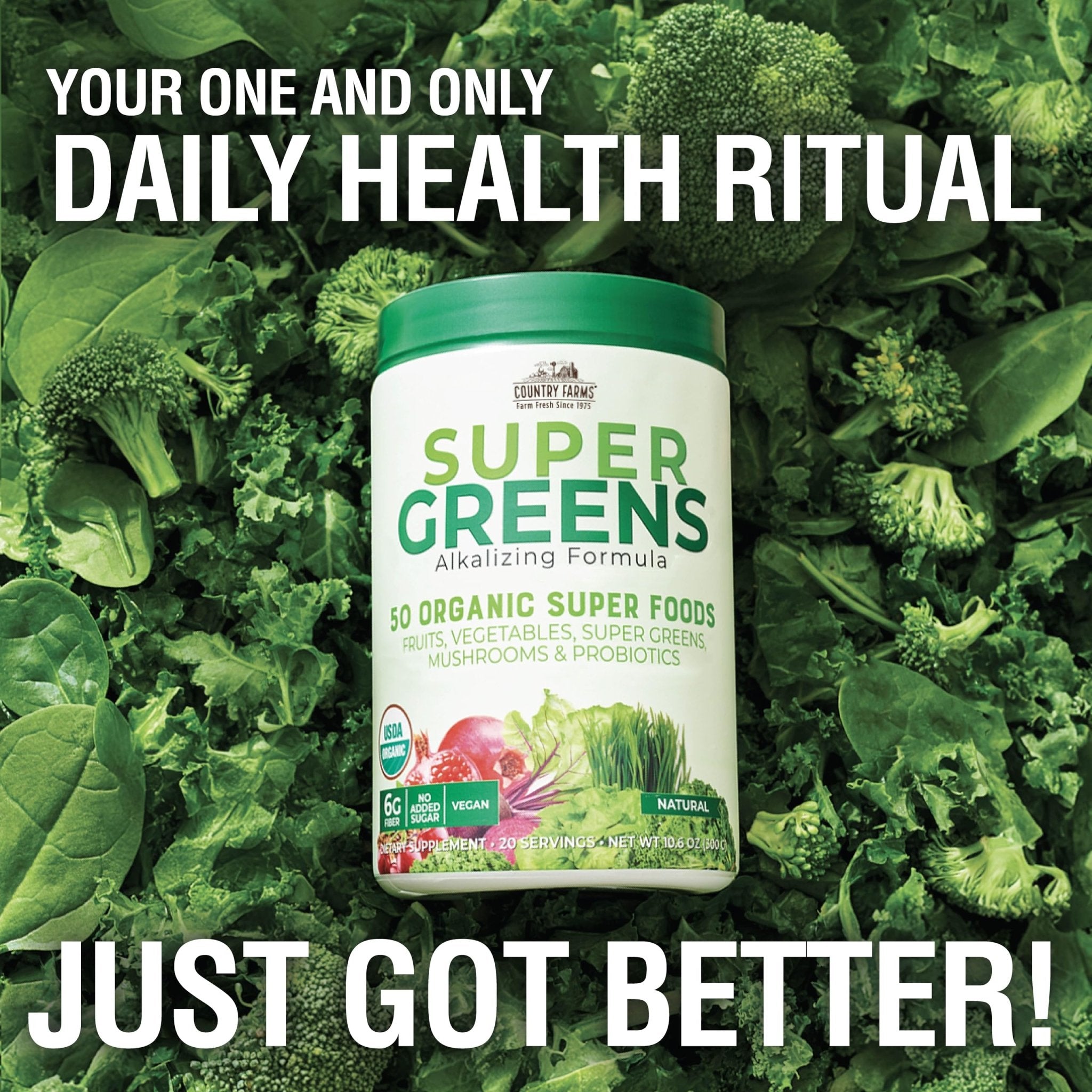Country Farms Organic Super Greens Natural Flavor, 50 Organic Super Foods, Packed with Fiber, USDA Organic Drink Mix, Fruits, Vegetables, Mushrooms & Probiotics - PrimeBioHealth - canada supplements