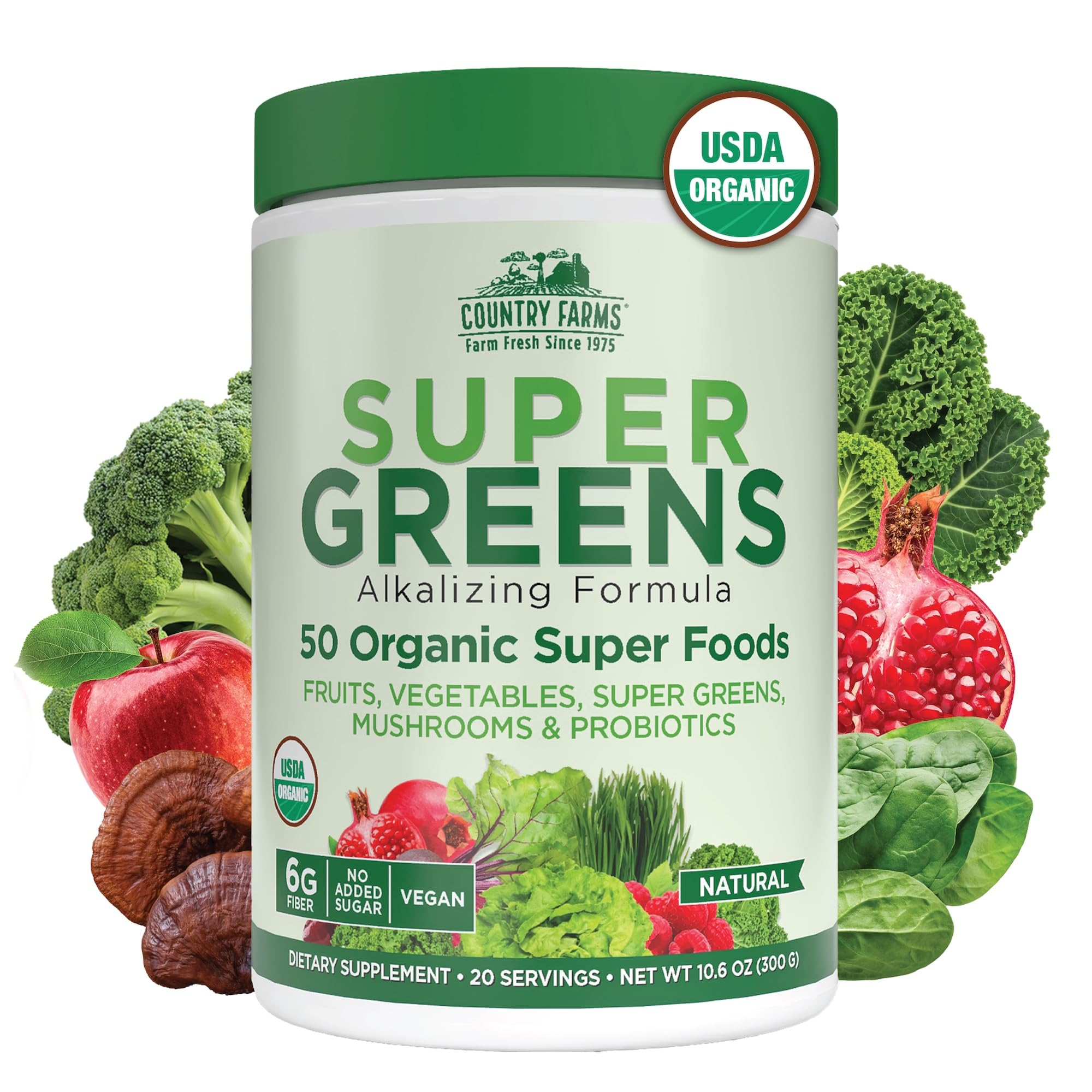 Country Farms Organic Super Greens Natural Flavor, 50 Organic Super Foods, Packed with Fiber, USDA Organic Drink Mix, Fruits, Vegetables, Mushrooms & Probiotics - PrimeBioHealth - canada supplements