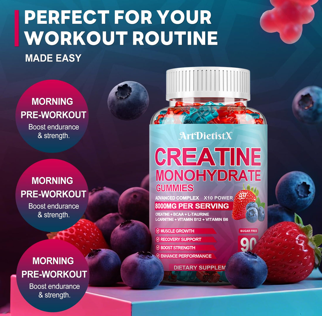Creatine Monohydrate 8000mg Gummies with BCAA, L-Carnitine, Taurine & Vitamin B12 - Pre Workout Supplement for Muscle Growth, Strength & Energy, Multi-Flavor Chewable Gummies, - PrimeBioHealth - canada supplements