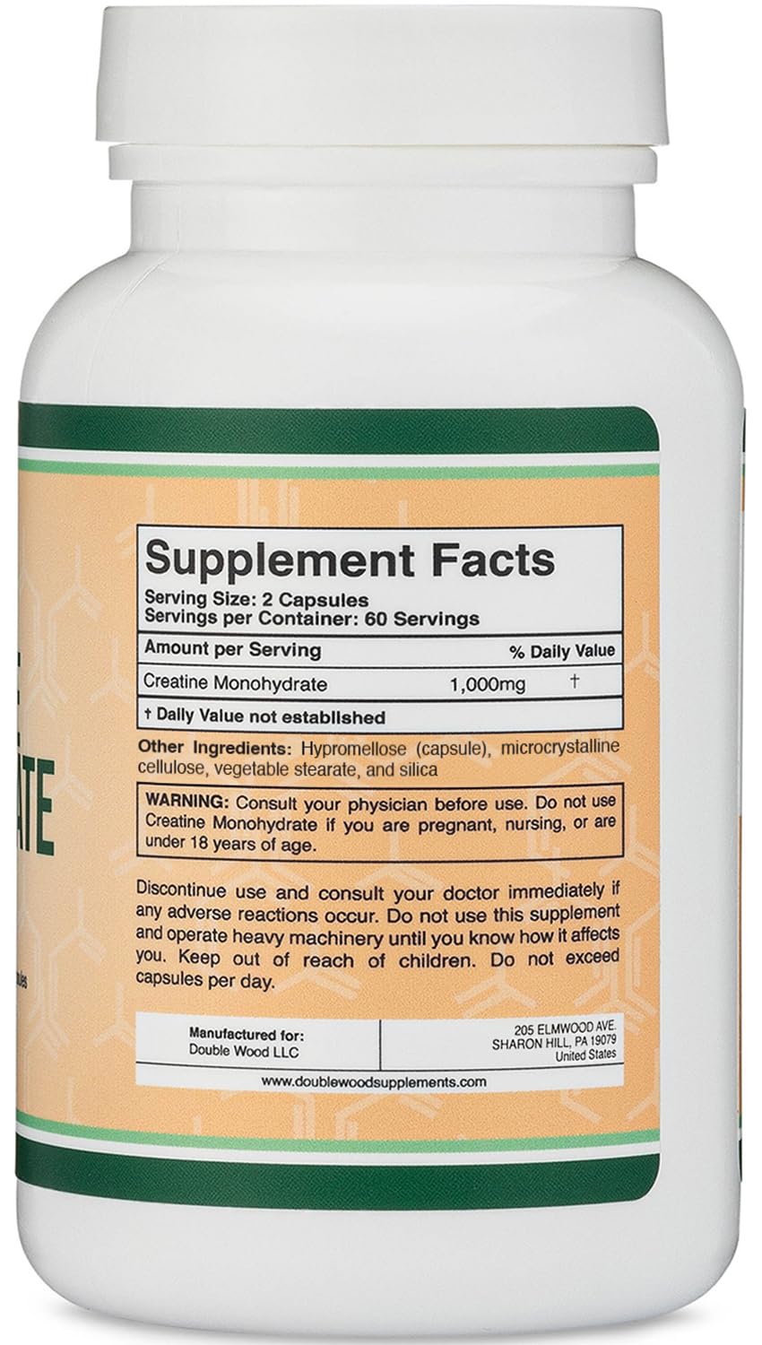 Creatine Monohydrate Capsules - 1g per Serving, 120 Count - No Fillers, Vegan Safe, Non-GMO, Gluten Free by Double Wood (Pack of 2) - PrimeBioHealth - canada supplements