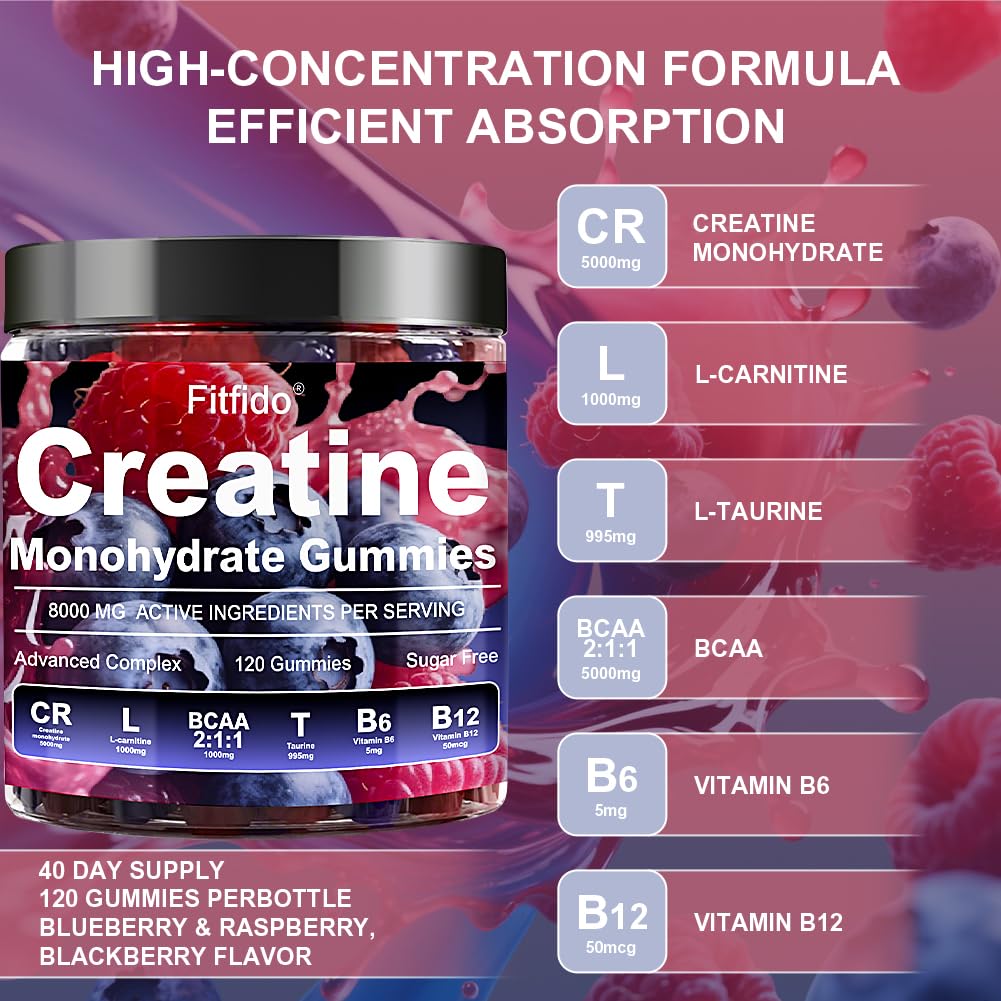 Creatine Monohydrate Gummies Complex 8000mg for Men and Women, Containing L-carnitine & Taurine, Build Muscle, Boost Energy, Faster Recovery, Sugar Free & Vegan - PrimeBioHealth - canada supplements
