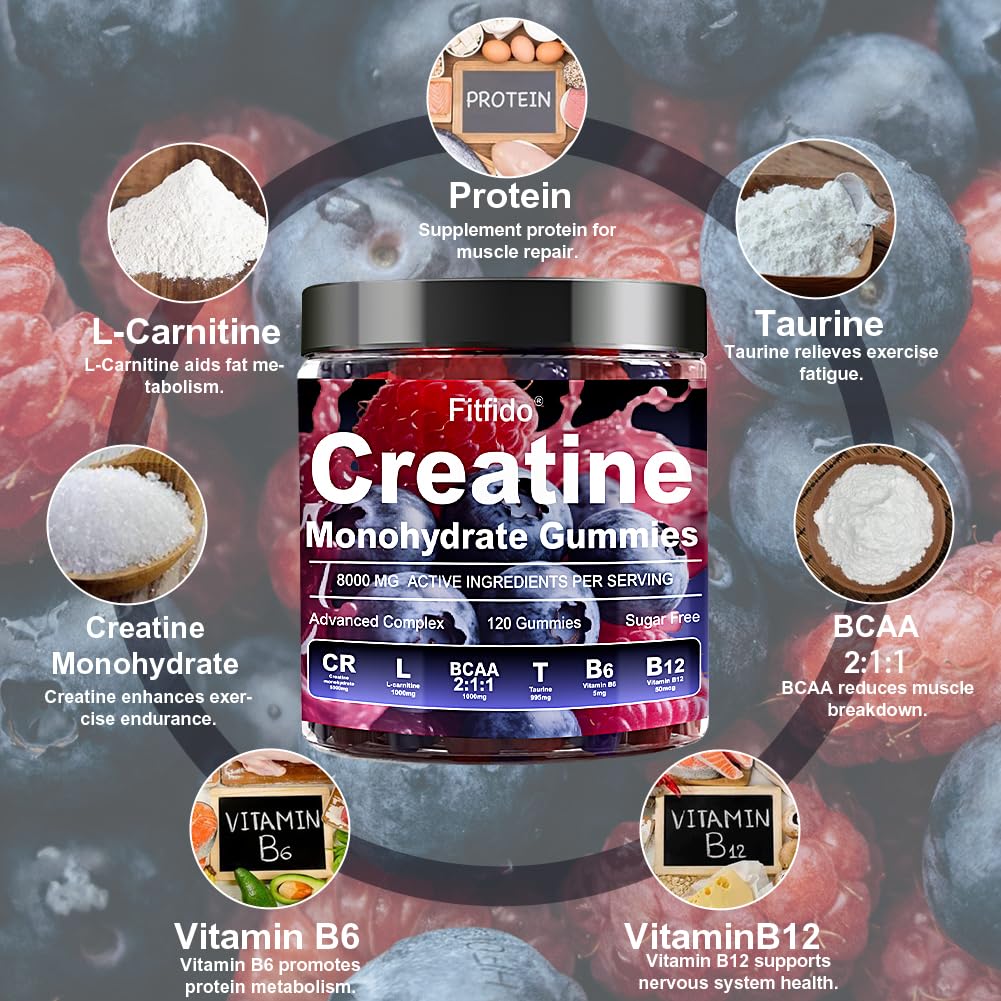Creatine Monohydrate Gummies Complex 8000mg for Men and Women, Containing L-carnitine & Taurine, Build Muscle, Boost Energy, Faster Recovery, Sugar Free & Vegan - PrimeBioHealth - canada supplements