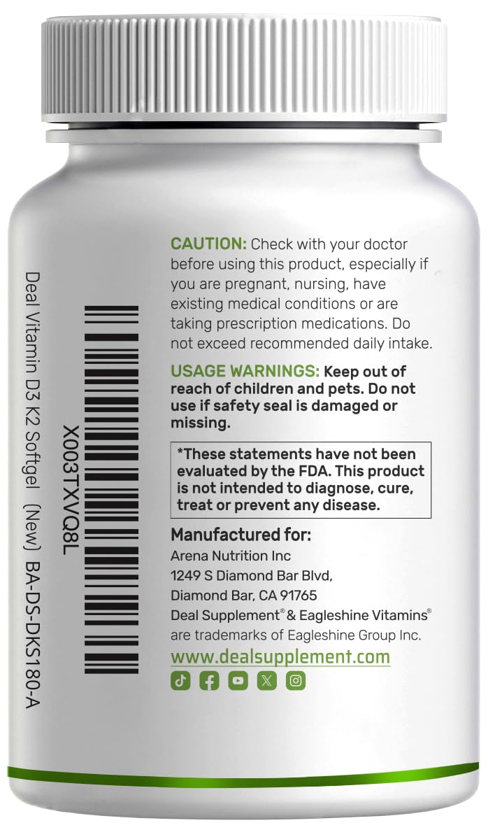 DEAL SUPPLEMENT Vitamin D3 5,000 IU + K2 MK7 Softgels, 250 Count | 2-in-1 Complex | Easy to Swallow - PrimeBioHealth - canada supplements