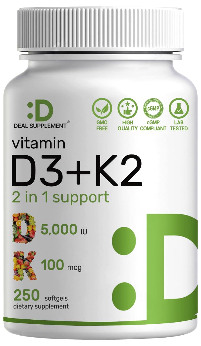 DEAL SUPPLEMENT Vitamin D3 5,000 IU + K2 MK7 Softgels, 250 Count | 2-in-1 Complex | Easy to Swallow - PrimeBioHealth - canada supplements