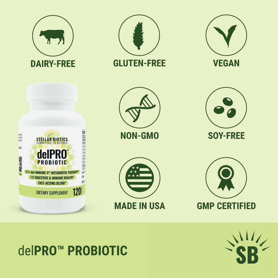 Del-Immune V® + Delpro Probiotic & Prebiotic Blend by Stellar Biotics - Promotes Optimal Gut Health, Digestion, Immune Support & Mood (120 Capsules) - PrimeBioHealth - canada supplements