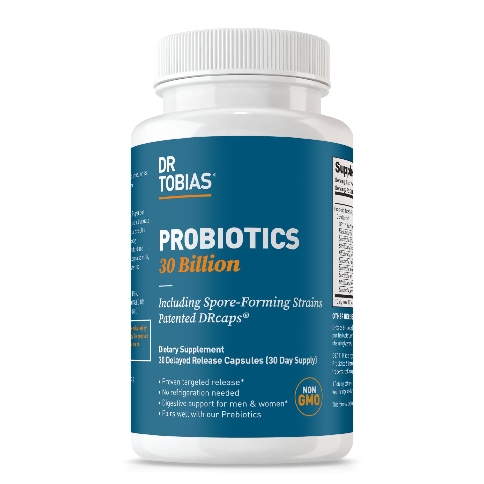 Dr. Tobias Probiotics 30 Billion, 10 Strains, 30 Billion CFU's, Targeted Release Probiotics for Women & Men, Supports Digestive Health, Shelf-Stable, - PrimeBioHealth - canada supplements