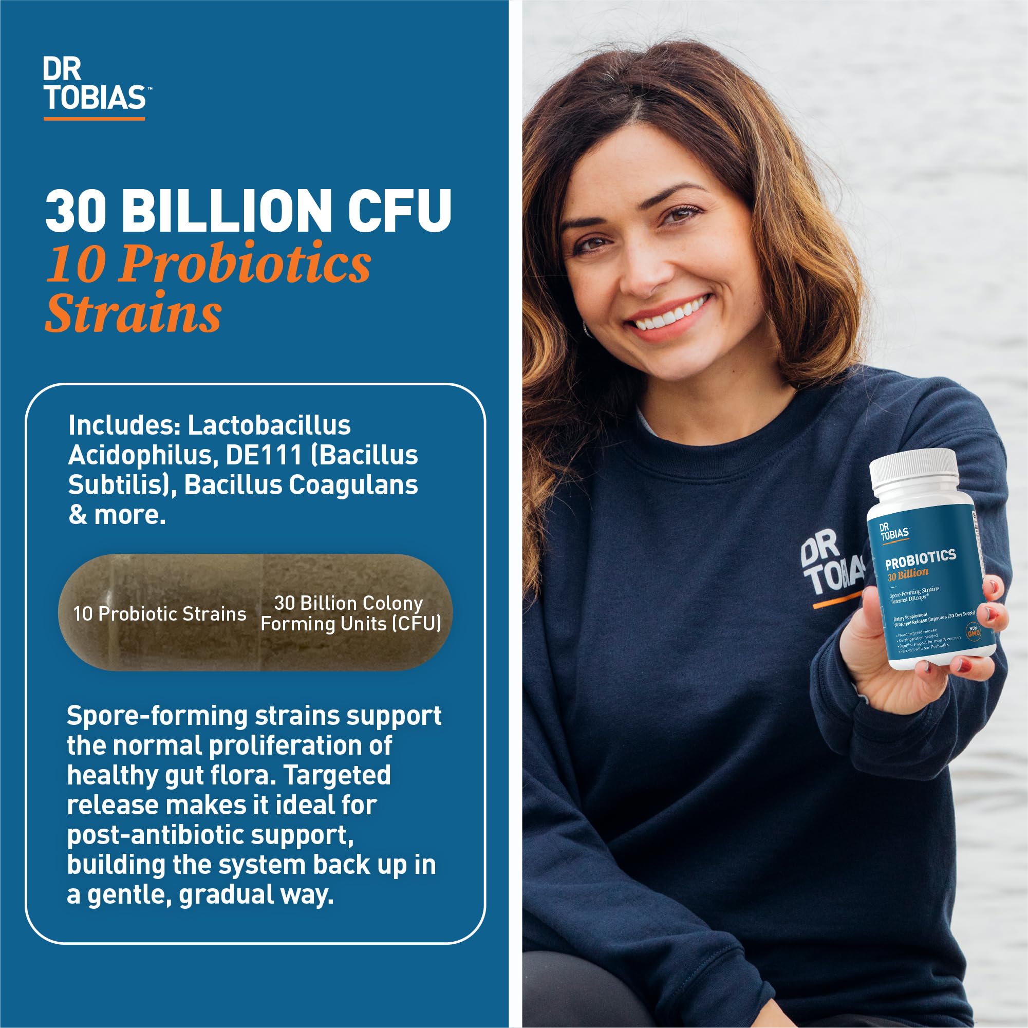 Dr. Tobias Probiotics 30 Billion, 10 Strains, 30 Billion CFU's, Targeted Release Probiotics for Women & Men, Supports Digestive Health, Shelf-Stable, - PrimeBioHealth - canada supplements
