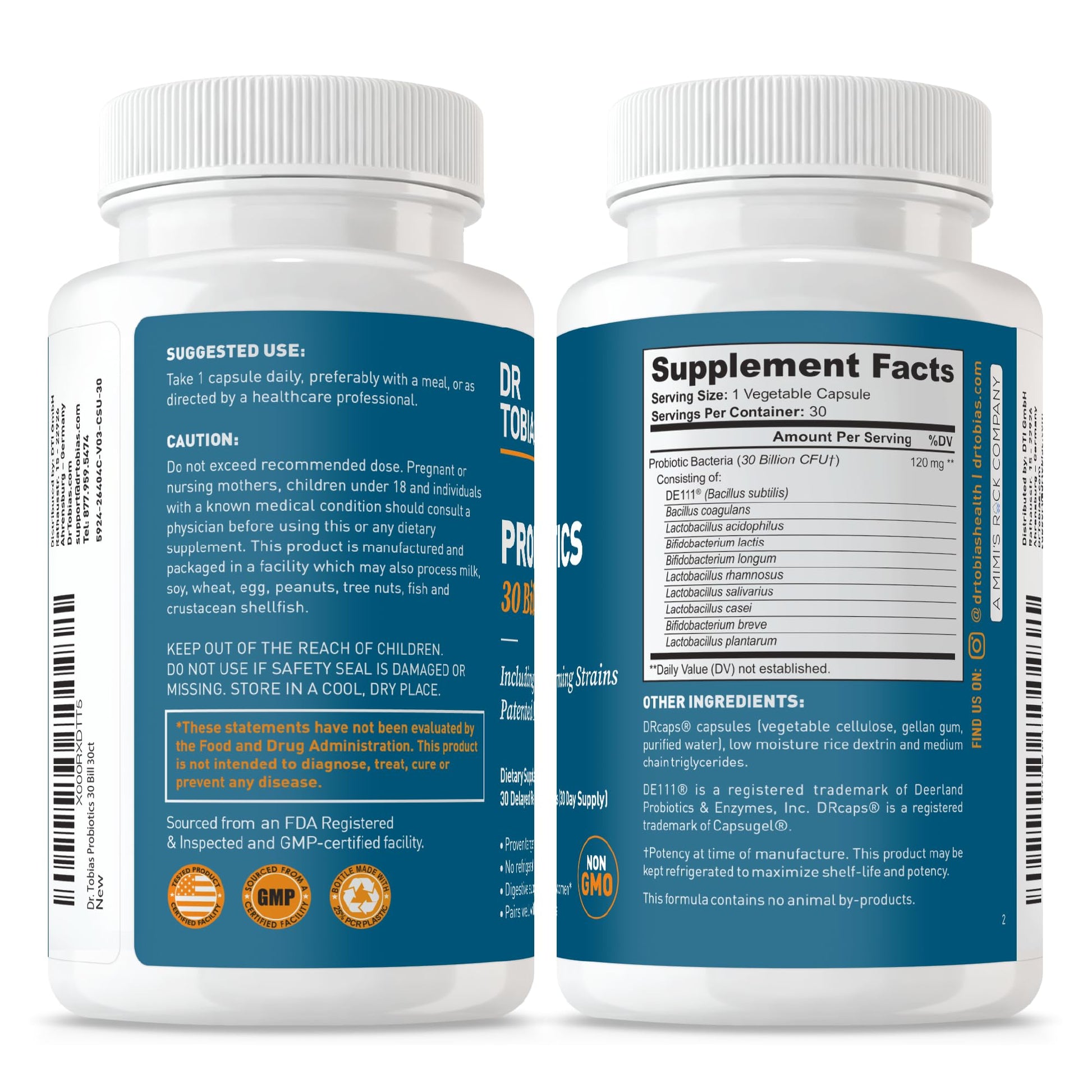 Dr. Tobias Probiotics 30 Billion, 10 Strains, 30 Billion CFU's, Targeted Release Probiotics for Women & Men, Supports Digestive Health, Shelf-Stable, - PrimeBioHealth - canada supplements