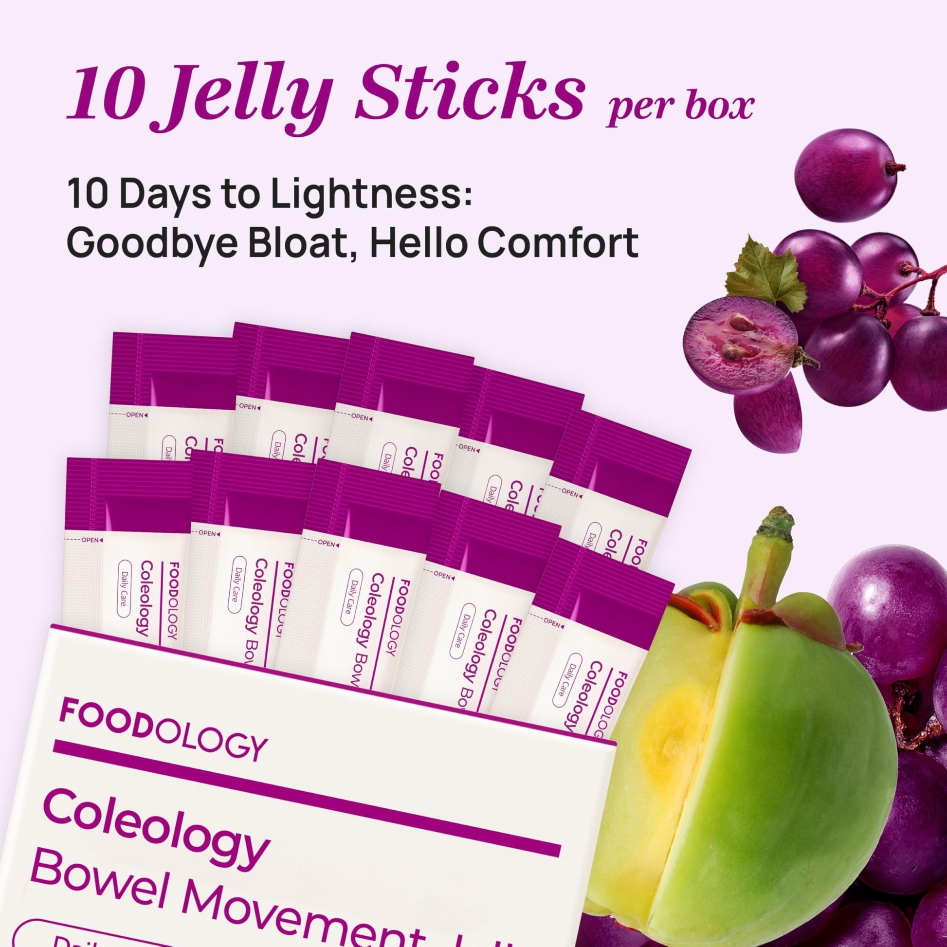 FOODOLOGY Coleology Bowel Movement Jelly (Grape & Prune) – Prebiotic Fiber Supplement for Gut Health & Daily Regularity, Chia Seeds, Korean Supplement – 10 Sticks - PrimeBioHealth - canada supplements