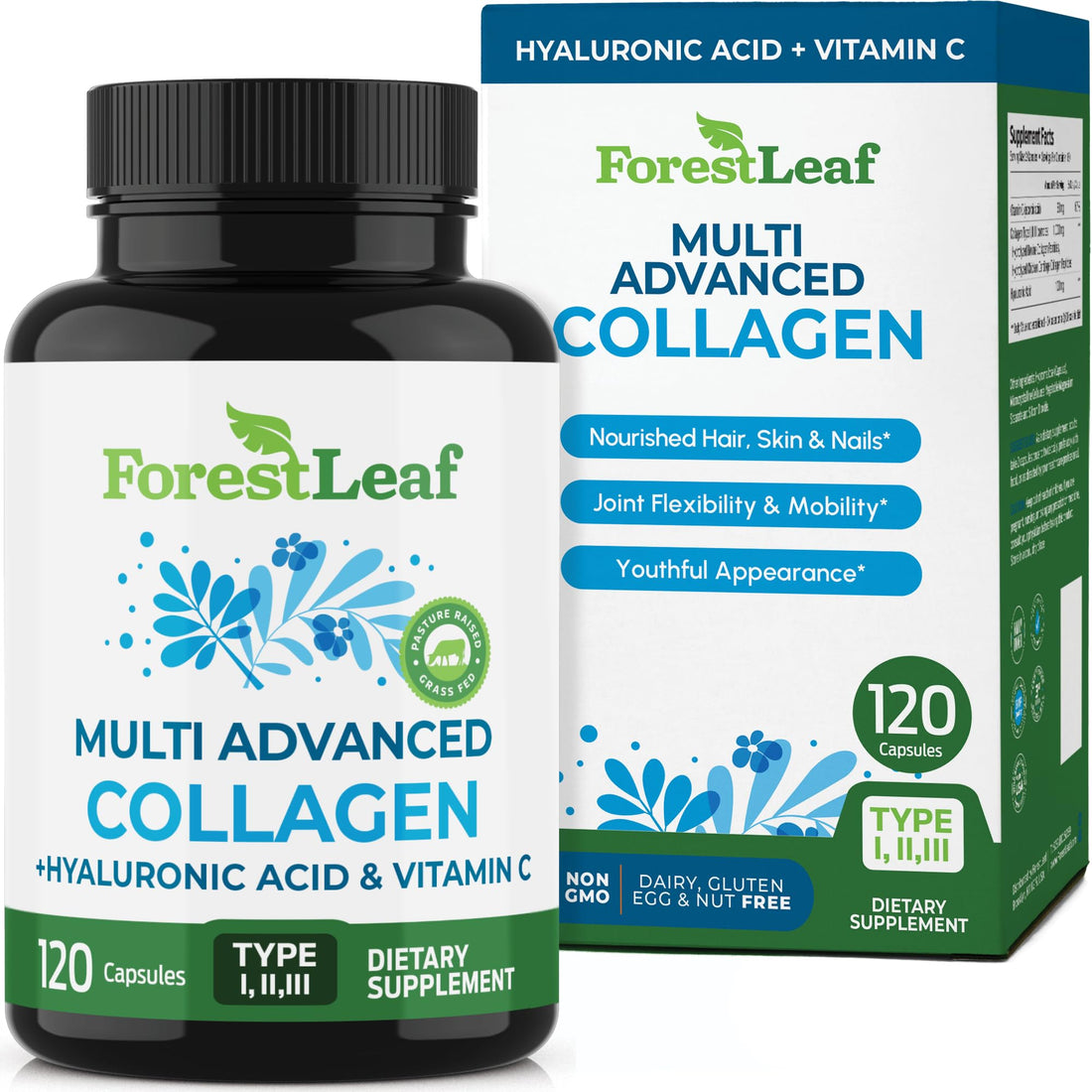 ForestLeaf Multi Collagen Pills with Hyaluronic Acid + Vitamin C | Hydrolyzed Collagen Supplements for Women or Men | Multi Collagen Capsules Peptides for Skin - PrimeBioHealth - canada supplements
