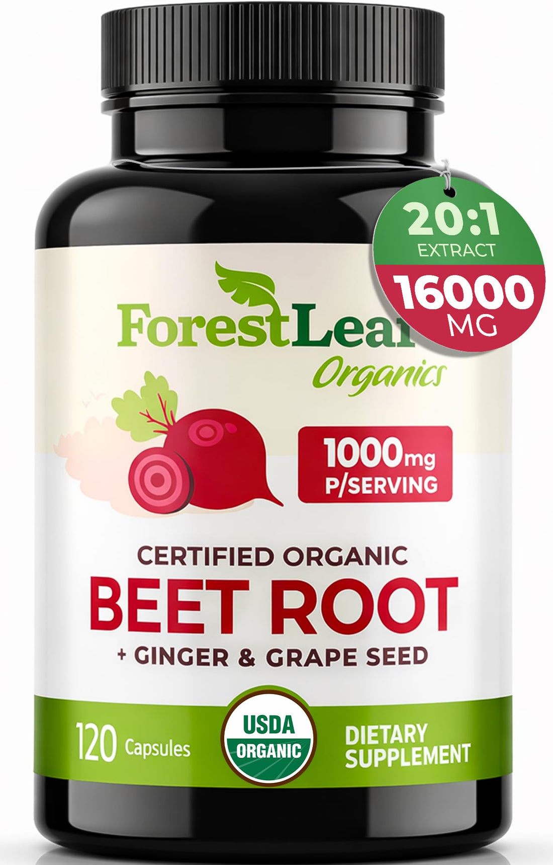 ForestLeaf USDA Organic Beet Root Capsules - Beetroot Supplement 1000mg 20:1 Extract w/Ginger Grape Seed - Support Blood Pressure, Nitric Oxide - PrimeBioHealth - canada supplements