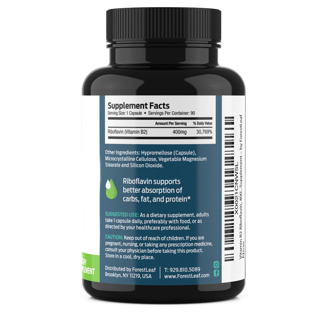 ForestLeaf Vitamin B2 Riboflavin 400mg - Energy, Skin & Cellular Health Supplement - Nervous System Support - Vitamin B 2 VIT B - Non-GMO & Gluten Free - PrimeBioHealth - canada supplements