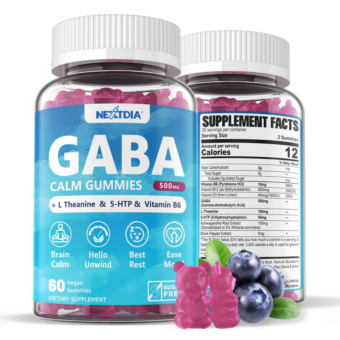 GABA Gummies 500 mg - Sugar-Free Calm Gummies with L Theanine, 5-HTP, Vitamins D3, B12, Ashwagandha, Melatonin-Free for Brain Calm, Mood, Zzz Better, GABA Supplement for Adult, Blueberry Flavor,2 Pack - PrimeBioHealth - canada supplements