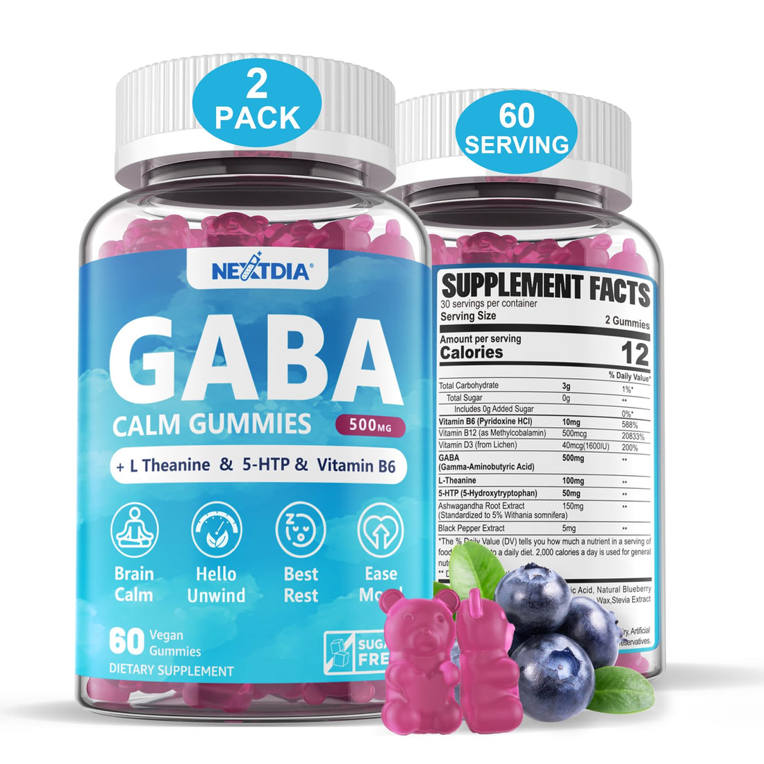 GABA Gummies 500 mg - Sugar-Free Calm Gummies with L Theanine, 5-HTP, Vitamins D3, B12, Ashwagandha, Melatonin-Free for Brain Calm, Mood, Zzz Better, GABA Supplement for Adult, Blueberry Flavor,2 Pack - PrimeBioHealth - canada supplements