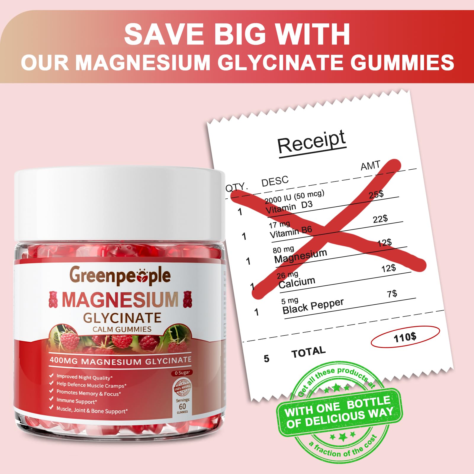 GREENPEOPLE Magnesium Glycinate Gummies 400mg - Sugar Free Magnesium Supplement with Magnesio Citrate, Vitamin D, and B6 for Calm Support & Sleep for Adults - PrimeBioHealth - canada supplements