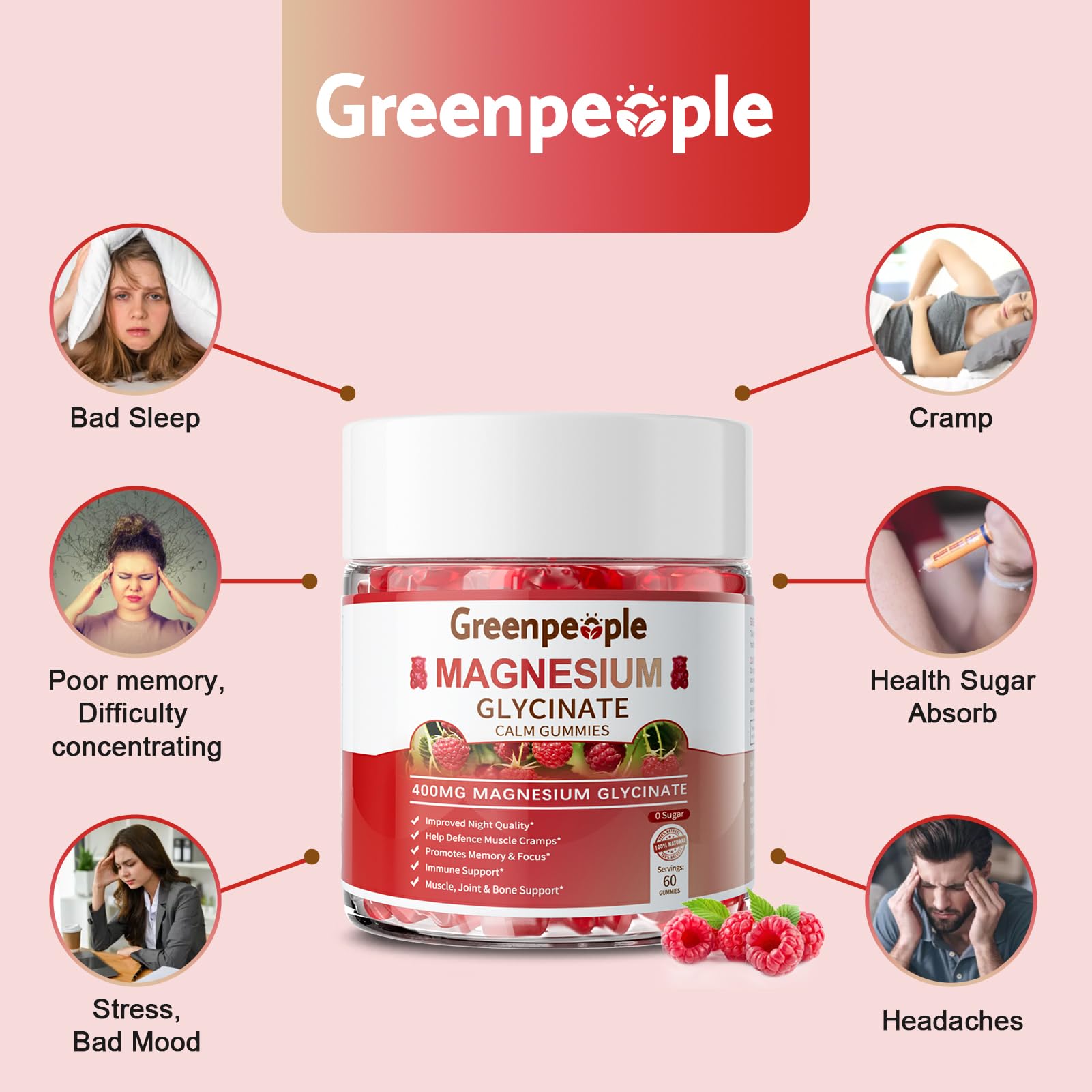 GREENPEOPLE Magnesium Glycinate Gummies 400mg - Sugar Free Magnesium Supplement with Magnesio Citrate, Vitamin D, and B6 for Calm Support & Sleep for Adults - PrimeBioHealth - canada supplements