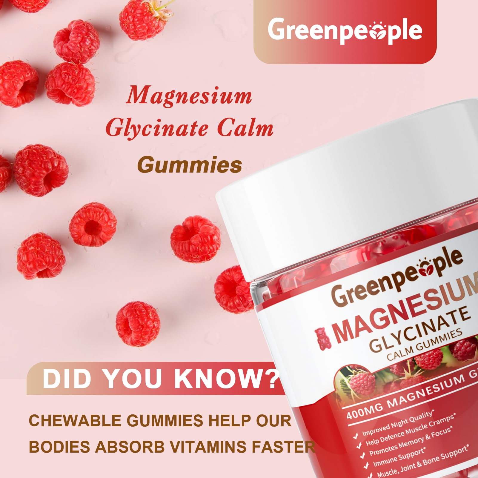 GREENPEOPLE Magnesium Glycinate Gummies 400mg - Sugar Free Magnesium Supplement with Magnesio Citrate, Vitamin D, and B6 for Calm Support & Sleep for Adults - PrimeBioHealth - canada supplements