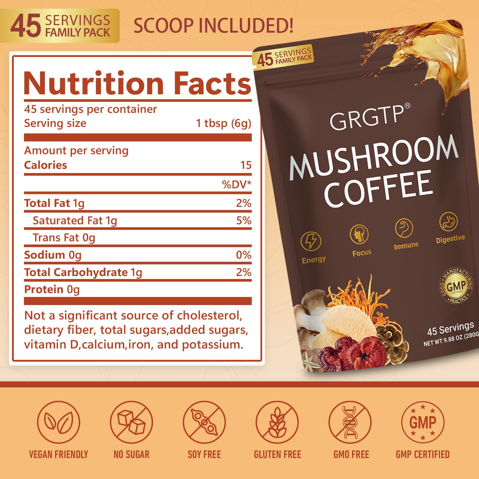 GRGTP Mushroom Coffee - Superfood Blend with 6 Adaptogens (Cordyceps, Lion's Mane, Reishi Other) | Jitter-Free Energy, Enhanced Focus, Digestion & Immunity Support | - PrimeBioHealth - canada supplements