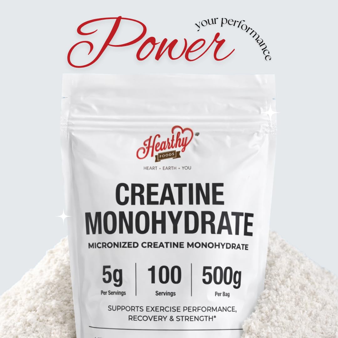 HEARTHY FOODS Creatine Monohydrate Micronized Powder 500G - 100 Servings, 5000mg Per Serving (5g) - for Men & Women Muscle Growth - PrimeBioHealth - canada supplements