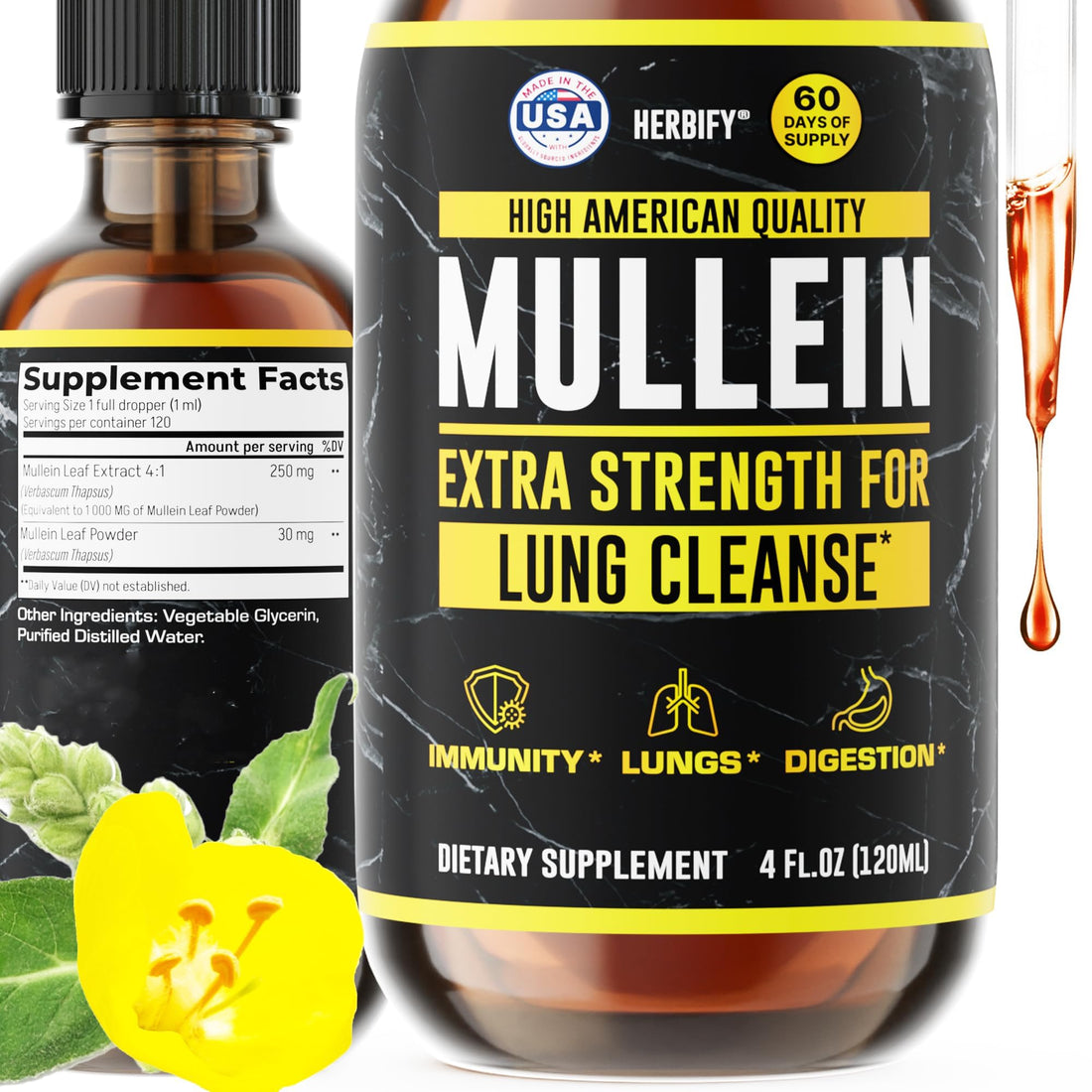 HERBIFY Mullein Drops - Lung Cleanse - Leaf Extract - Powerful Mullein for Immune Support,Detox & Respiratory Support - Made in USA - PrimeBioHealth - canada supplements