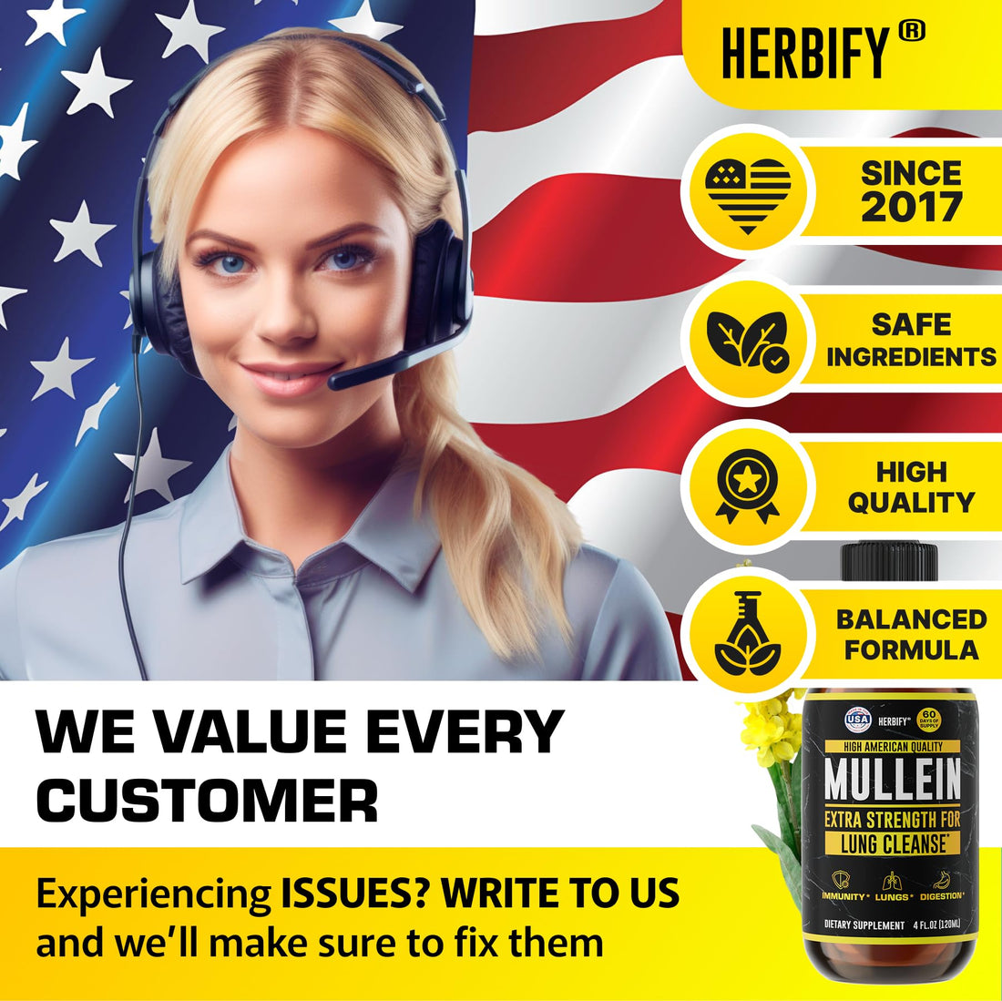 HERBIFY Mullein Drops - Lung Cleanse - Leaf Extract - Powerful Mullein for Immune Support,Detox & Respiratory Support - Made in USA - PrimeBioHealth - canada supplements
