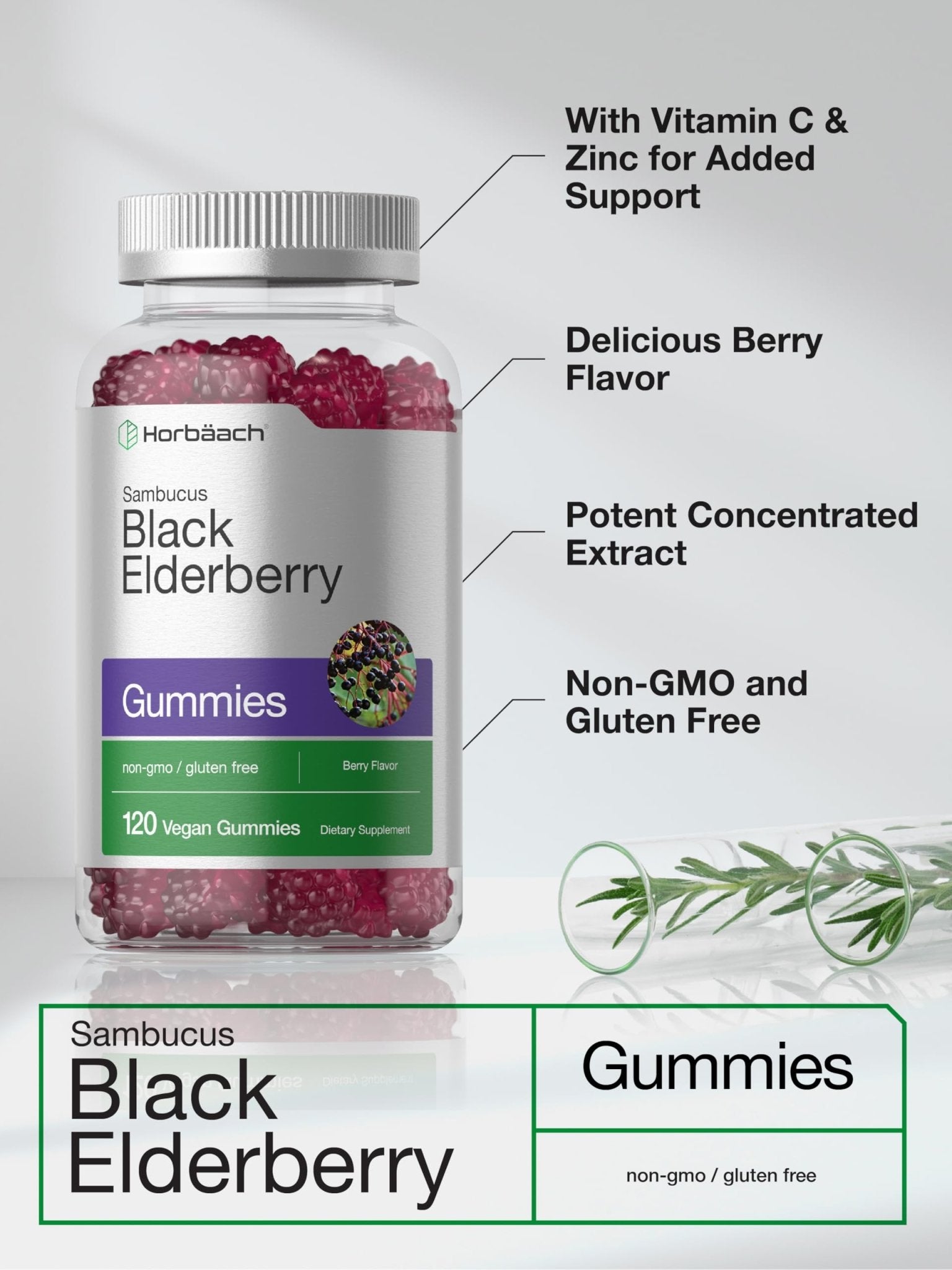 Horbaach Black Elderberry Gummies | 120 Count | Sambucus Extract | with Zinc and Vitamin C | Berry Flavor | Vegan, Non-GMO - PrimeBioHealth - canada supplements