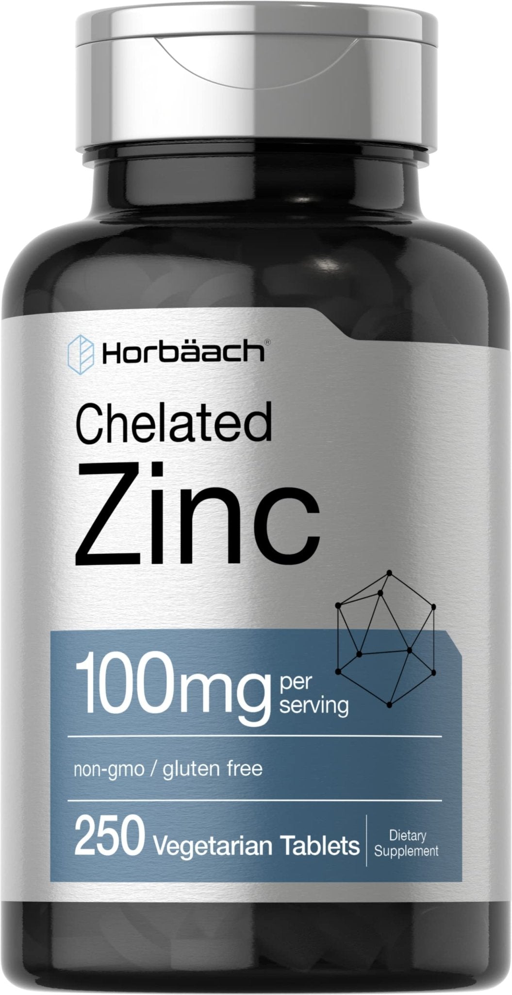 Horbäach Chelated Zinc Supplement 100mg | 250 Tablets | High Potency & Superior Absorption | Vegetarian, Non-GMO, Gluten Free - PrimeBioHealth - canada supplements