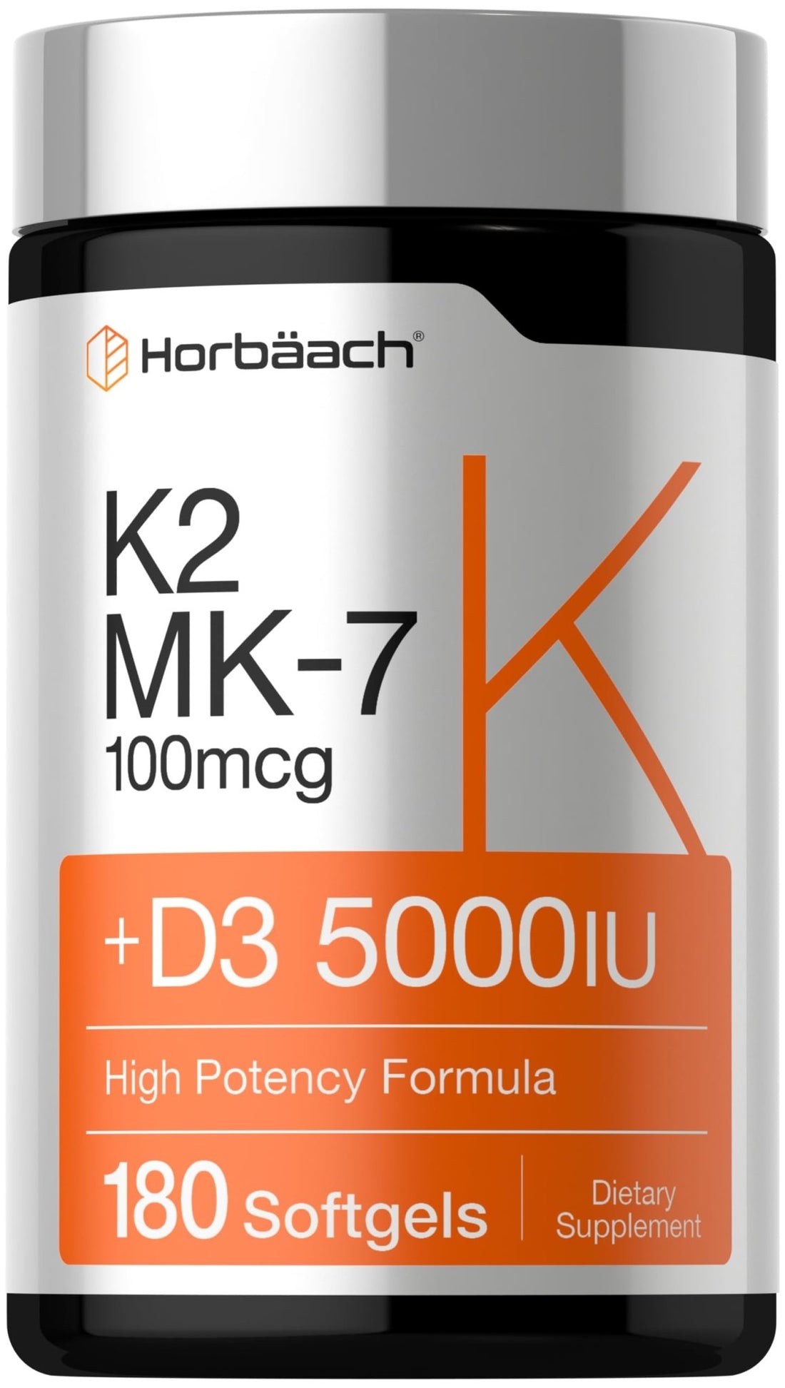 Horbäach Vitamin D3 K2 5000 iu | 100mcg MK-7 Complex | 180 Softgel Capsules | Non-GMO & Gluten Free Supplement - PrimeBioHealth - canada supplements