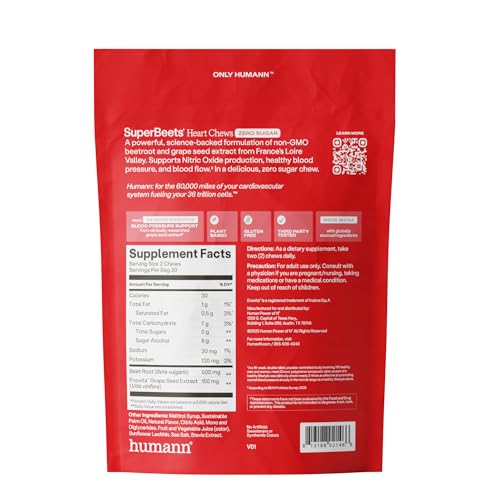 Humann SuperBeets Heart Chews Zero Sugar, Beet Root Supplement, Energy, Nitric Oxide and Blood Pressure Support, Grape Seed Extract & Non-GMO - PrimeBioHealth - canada supplements