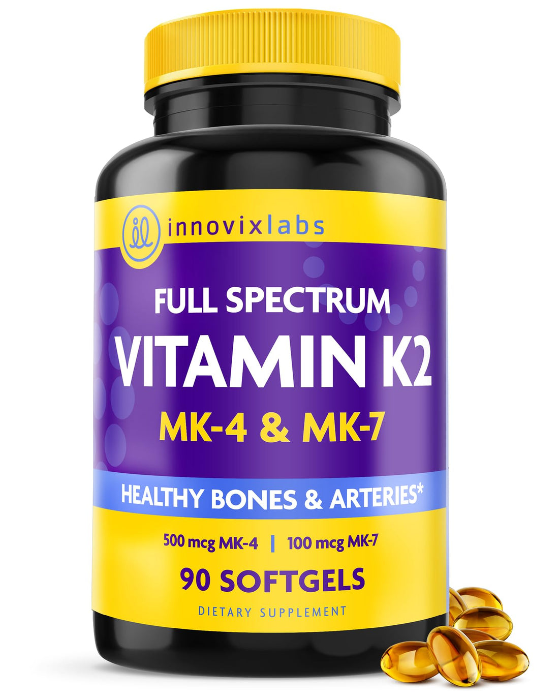 InnovixLabs Full Spectrum Vitamin K2-90 Softgels with 600 mcg of Trans Form MK7 and MK4 - Supports General Health and Bone Strength - PrimeBioHealth - canada supplements