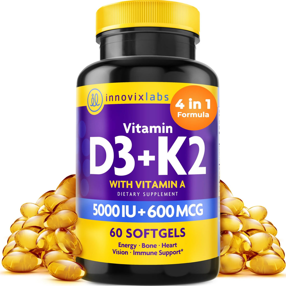 InnovixLabs Vitamin D3 K2-5000 IU Vitamin D3 Plus 600 mcg Vitamin K2 MK4 and MK7 for Max Calcium Absorption, Supports Bone, Immune, Heart Health - PrimeBioHealth - canada supplements