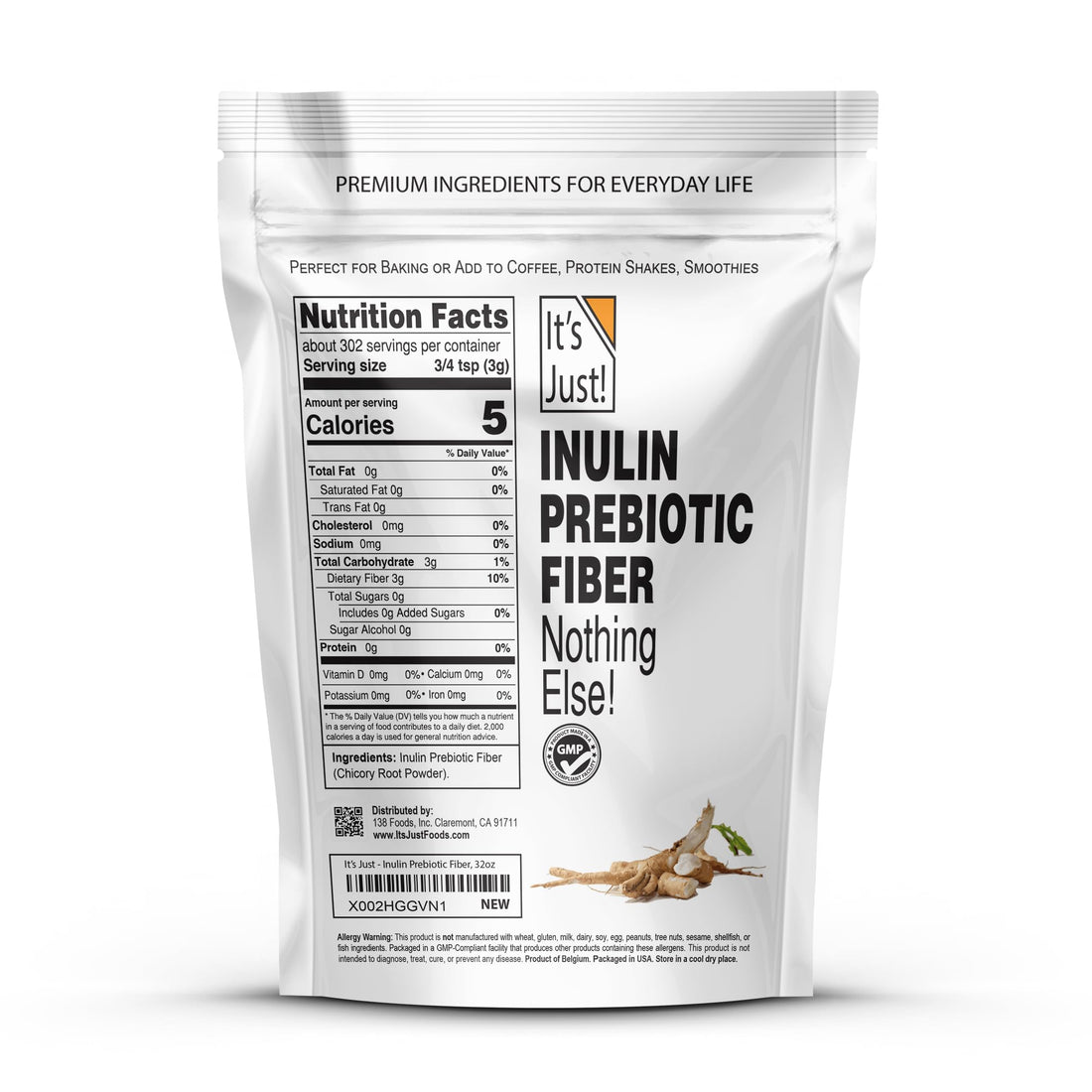 It's Just! - Inulin Prebiotic Fiber, Water Soluble, Chicory Root Powder, Promotes Gut Health, Made in USA, Product of Belgium, Vegan/Keto Friendly - PrimeBioHealth - canada supplements