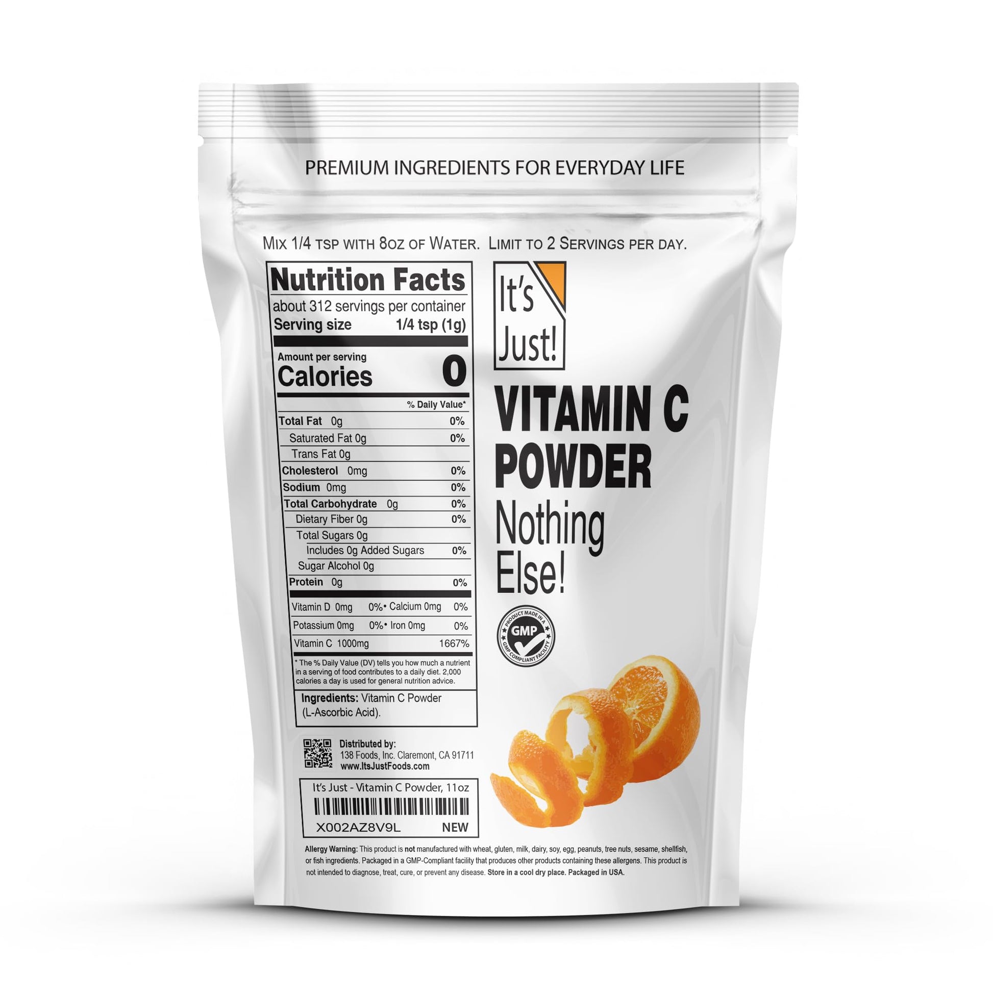 It's Just! - Vitamin C Powder, 100% Pure L-Ascorbic Acid, Food Grade, Immune Support, Homemade Cosmetics (11oz) - PrimeBioHealth - canada supplements
