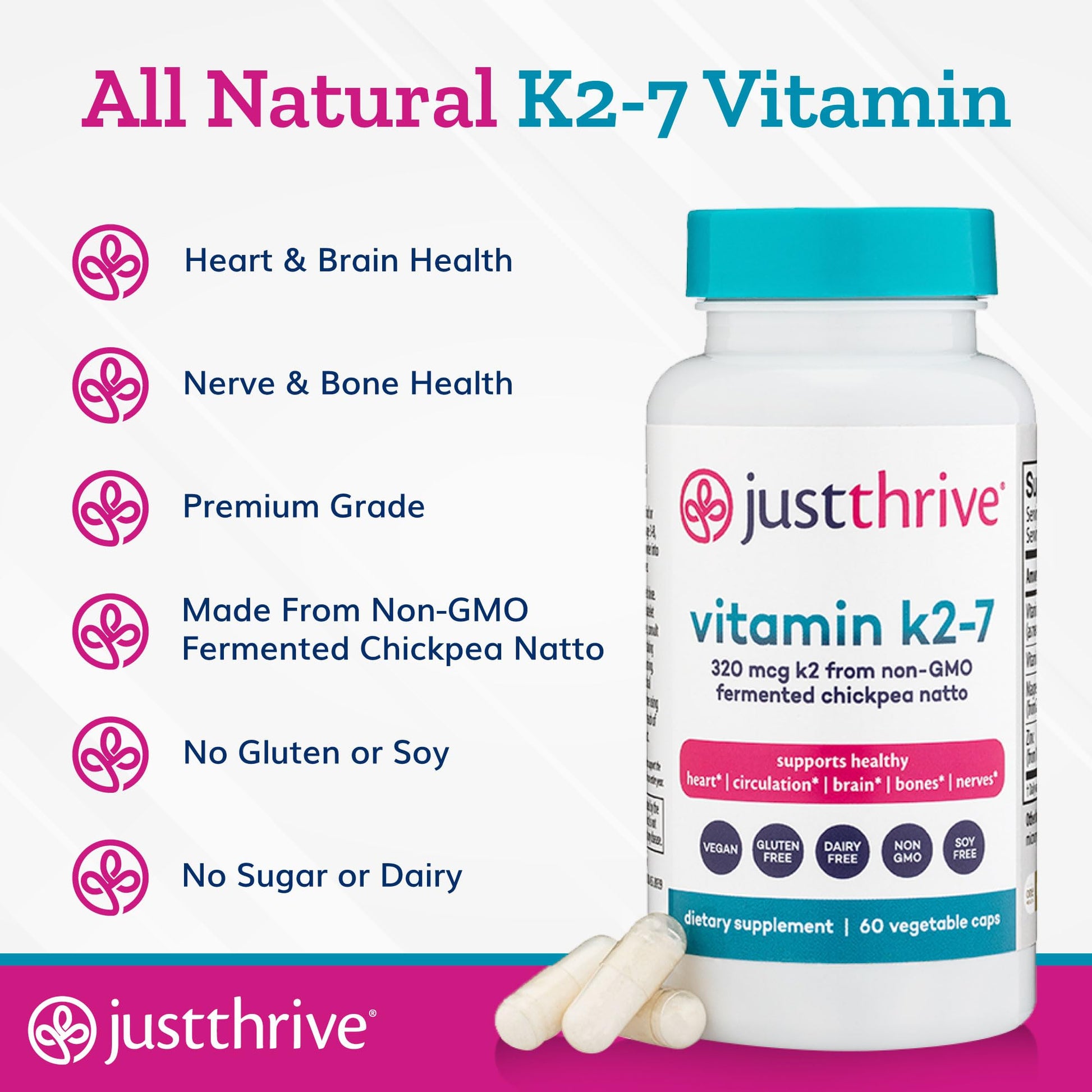 Just Thrive Vitamin K2-7 - Bone, Brain, and Heart Health K2 Vitamin Supplement, 60 Capsules - PrimeBioHealth - canada supplements