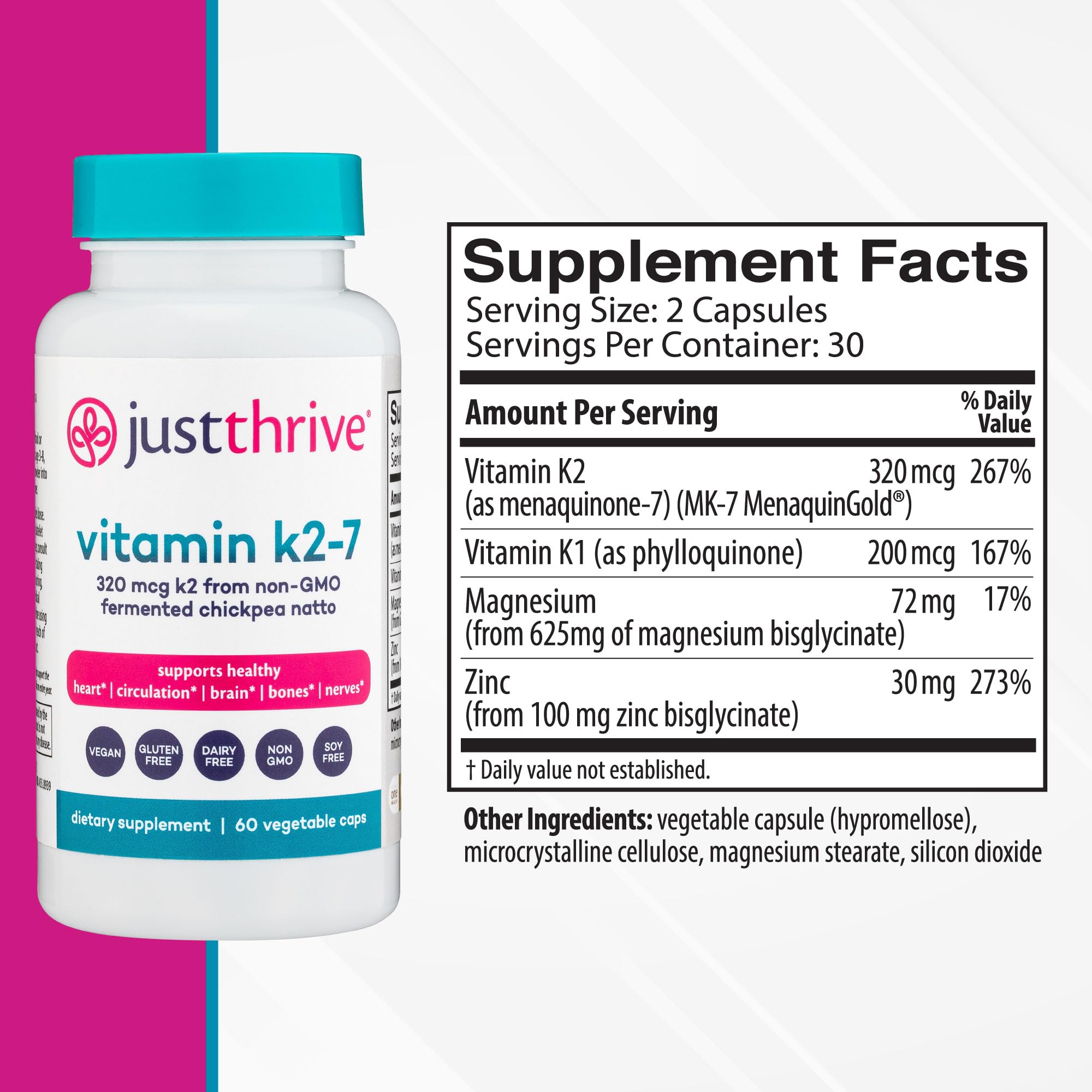 Just Thrive Vitamin K2-7 - Bone, Brain, and Heart Health K2 Vitamin Supplement, 60 Capsules - PrimeBioHealth - canada supplements