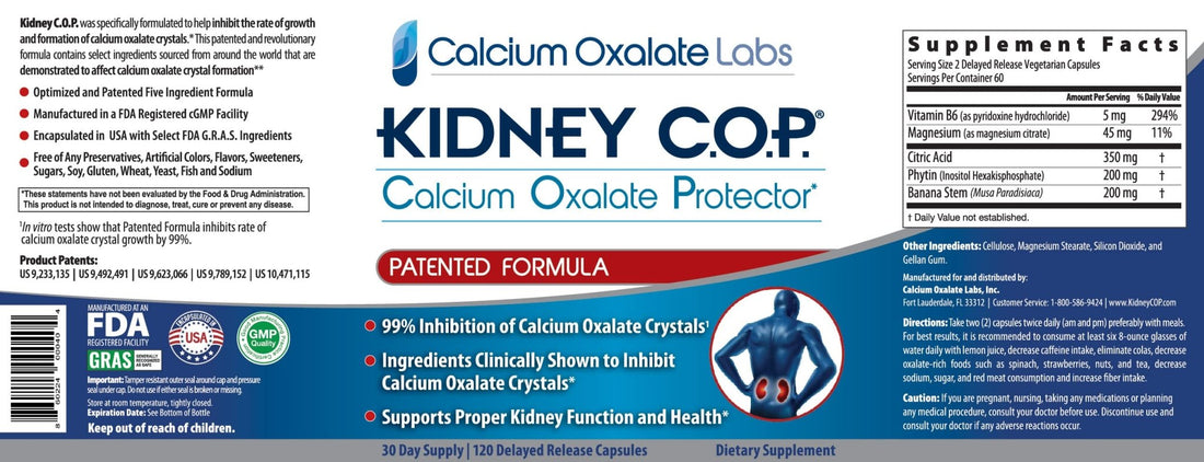KIDNEY C.O.P. Calcium Oxalate Protector 120 Capsules, Patented Kidney Support for Calcium Oxalate Crystals, Stop Recurrence - PrimeBioHealth - canada supplements