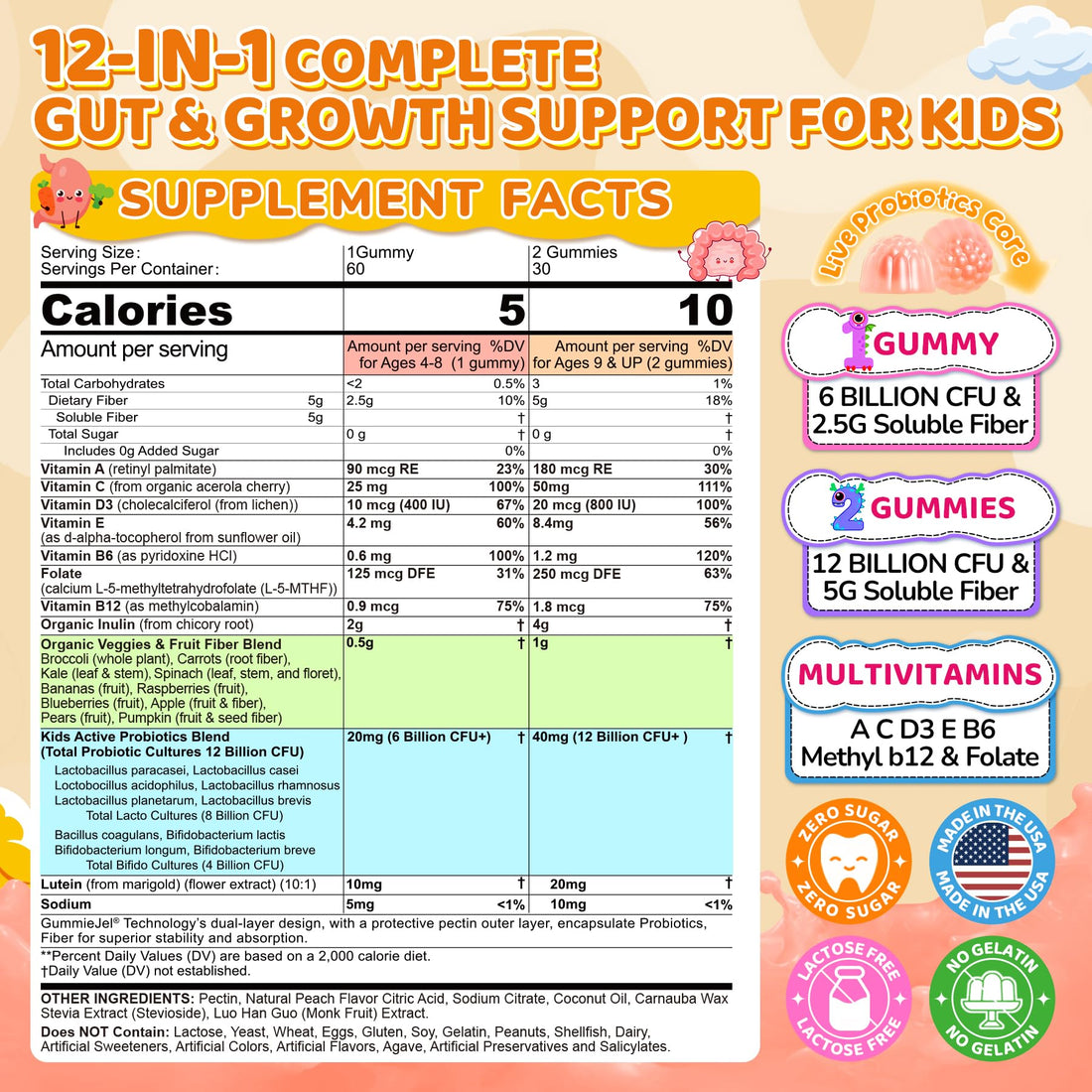 Kids Probiotic + Prebiotic Fiber Gummies 5G, 12 Billion CFU Probiotic & Veggie Fruit Fiber, w/ Organic Inulin, Methyl B12 B6 D3 C, Lutein for Children's Digestive & Gut, - PrimeBioHealth - canada supplements