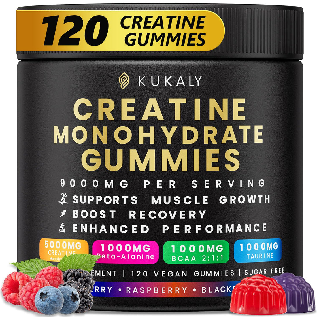 KUKALY Creatine Monohydrate Gummies for Men & Women, 9000MG Creatine Gummies Sugar Free - Mixed Flavored with L-Taurine, BCAA 2:1, B12 B6 for Boost Strength - PrimeBioHealth - canada supplements