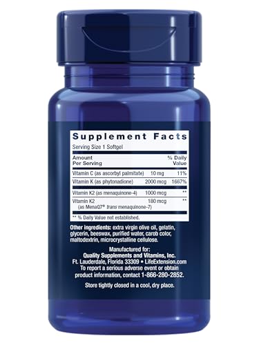 Life Extension Super K, Vitamin K Supplement, 2000 Mcg Vitamin K and 1180 Mcg Vitamin K2, Heart Health, Once-Daily, 90 Softgels - PrimeBioHealth - canada supplements