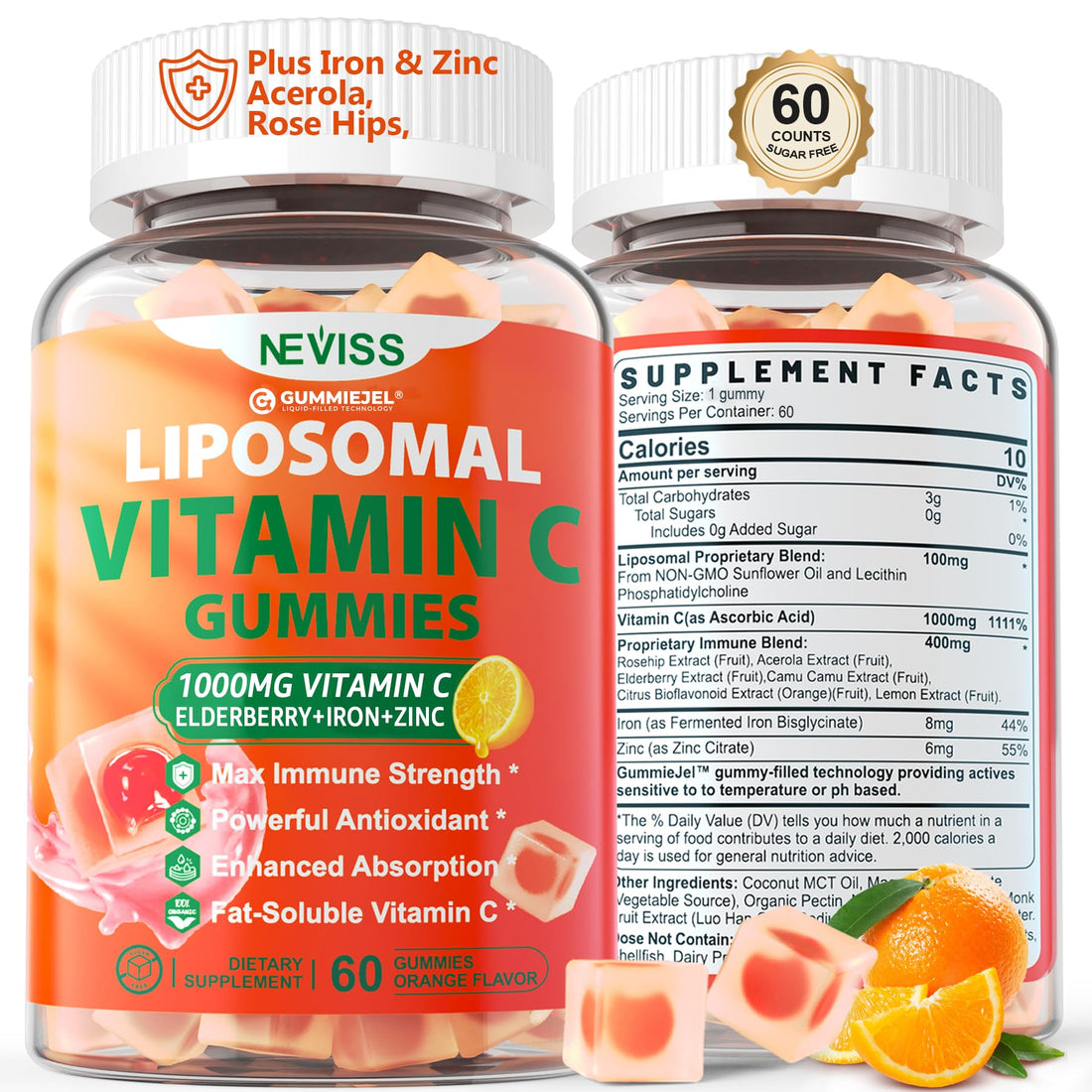 Liposomal Vitamin C 1000mg Gummies for Adults - Vitamin C Chewable with Elderberry, Zinc & 8mg Iron, Sugar Free Vit C Supplements, Daily Immune Support Gummies for Energy - PrimeBioHealth - canada supplements