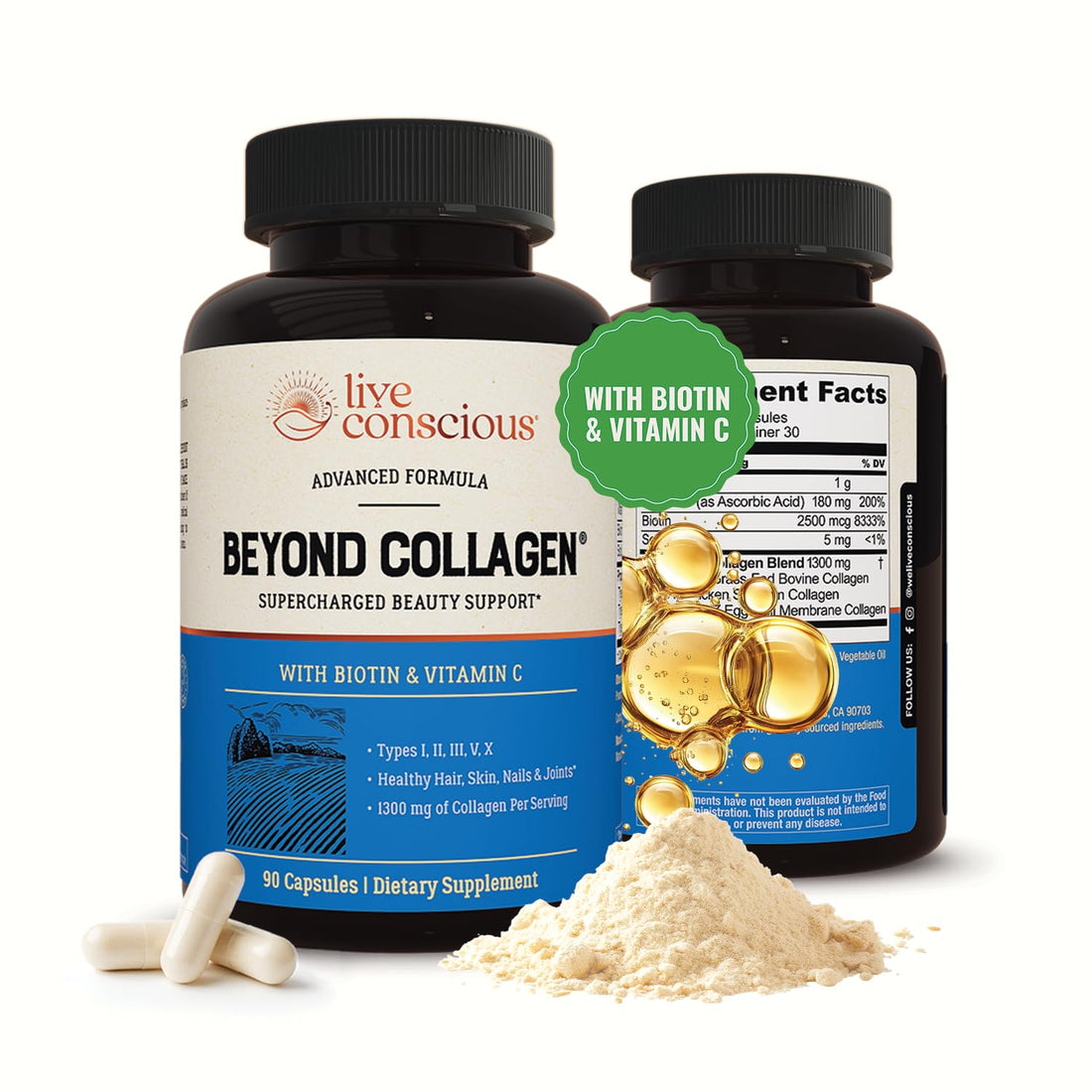 Live Conscious Beyond Collagen Multi Collagen Capsules - Types I, II, III, V & X - Hydrolyzed Blend with Biotin & Vitamin C - PrimeBioHealth - canada supplements