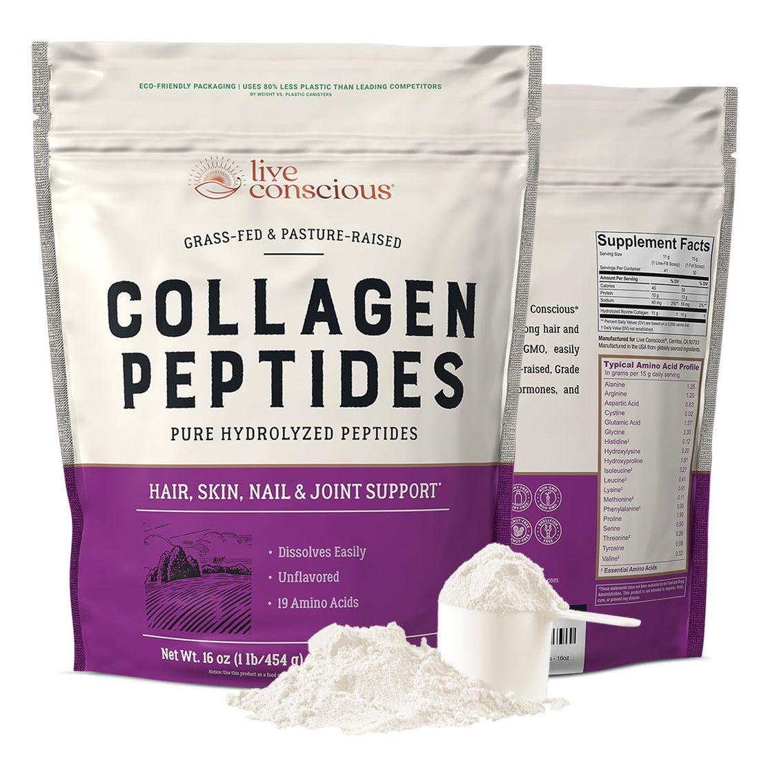 Live Conscious Collagen Peptides Powder - Naturally-Sourced Hydrolyzed Collagen Powder - Hair, Skin, Nail, and Joint Support - Type I & III Grass-Fed Collagen - PrimeBioHealth - canada supplements