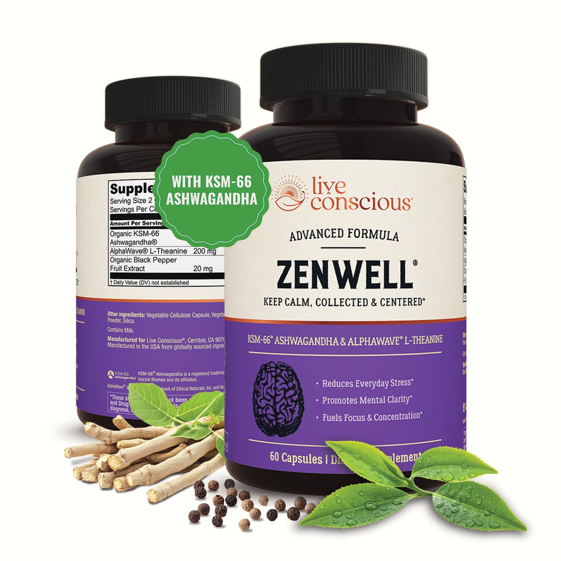 Live Conscious KSM-66 Ashwagandha Supplement w/L Theanine & AlphaWave - ZenWell Everyday Stress Relief, Cognitive, Brain Health - PrimeBioHealth - canada supplements