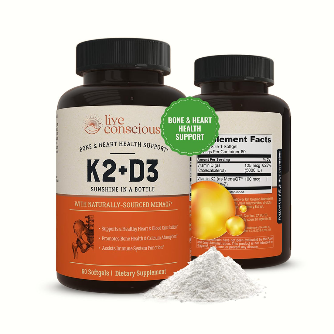 Live Conscious Vitamin K2 MK7 with D3 Supplement | Bone & Heart Health Support - Patented Vitamin K & Vitamin D3 5000 IU - 60 Softgels - PrimeBioHealth - canada supplements